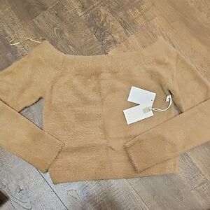 Good American Tan Off-Shoulder Sweater